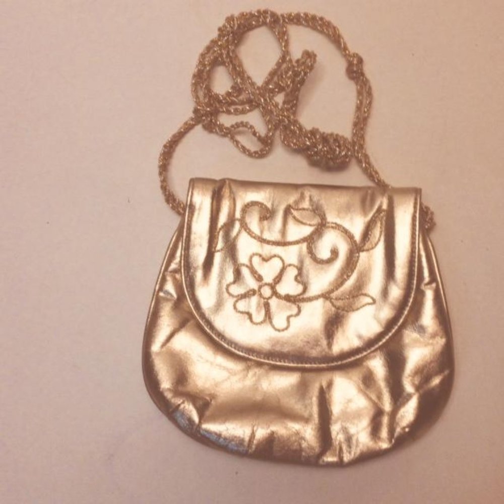 Vtg Lewis Gold Embroidered Leather Evening Bag